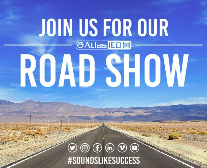 AtlasIED event invitation to bring its wide selection of audio and mass communications systems showing join us for our road show